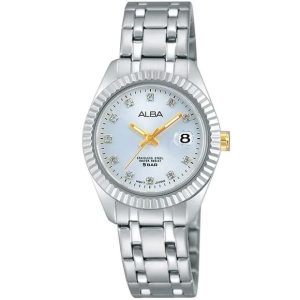 Ah7g05x1 alba watch women silver white dial stainless steel water resist 5bar metal strap quartz movt japan analog diamond three hand fashion