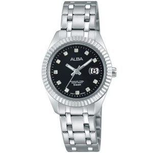 Ah7g07x1 alba watch women black dial stainless steel water resist 5bar metal silver strap quartz movt japan analog diamond three hand fashion