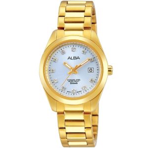 Ah7g18x1 alba watch women silver white dial stainless steel water resist 5bar metal gold strap quartz movt japan analog diamond three hand fashion