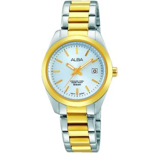 Ah7g22x1 alba watch women silver white dial stainless steel water resist 5bar metal gold two tone strap quartz movt japan analog diamond three hand fashion