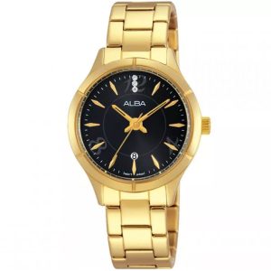 Ah7g44x1 alba watch women black dial stainless steel metal gold strap quartz movt japan analog three hand fashion