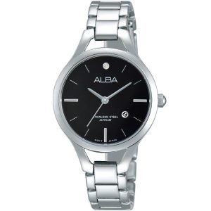 Ah7g45x1 alba watch women black dial stainless steel metal silver strap quartz movt japan analog sapphire three hand fashion