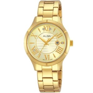 Ah7g46x1 alba watch women gold dial stainless steel metal golden strap quartz movt japan analog three hand fashion