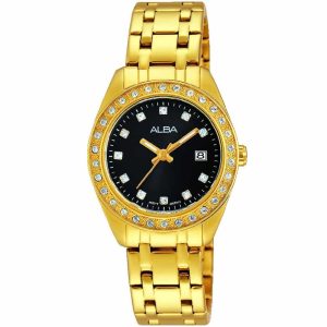 Ah7g52x1 alba watch women black dial stainless steel metal gold strap quartz movt japan analog diamond three hand fashion