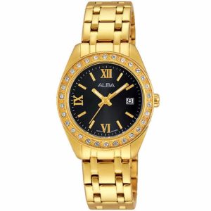Ah7g54x1 alba watch women black dial stainless steel metal gold strap quartz movt japan analog diamond three hand fashion