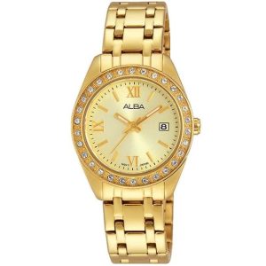 Ah7g56x1 alba watch women gold dial stainless steel metal golden strap quartz movt japan analog diamond three hand fashion