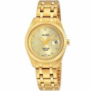 Ah7g60x1 alba watch women gold dial stainless steel water resist 5bar metal golden strap quartz movt japan analog diamond three hand fashion