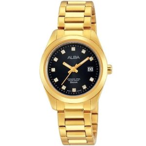 Ah7g62x1 alba watch women black dial stainless steel water resist 5bar metal gold strap quartz movt japan analog diamond three hand fashion