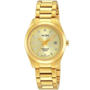 Ah7g64x1 alba watch women gold dial stainless steel water resist 5bar metal golden strap quartz movt japan analog diamond three hand fashion