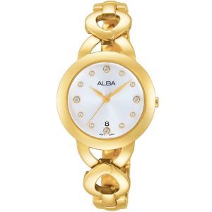 Ah7g94x1 alba watch women white dial stainless steel metal gold strap quartz movt japan analog diamond three hand fashion