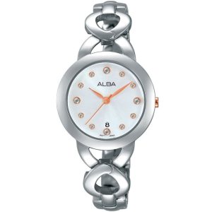Ah7g95x1 alba watch women white dial stainless steel metal silver strap quartz movt japan analog diamond three hand fashion