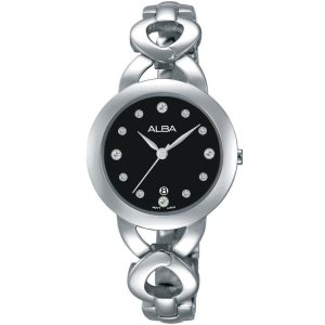 Ah7g99x1 alba watch women black dial stainless steel metal silver strap quartz movt japan analog diamond three hand fashion