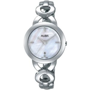 Ah7h03x1 alba watch women mother of pearl white dial stainless steel metal silver strap quartz movt japan analog three hand fashion