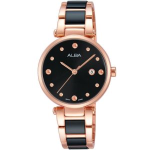 Ah7h06x1 alba watch women black dial stainless steel metal rose gold black strap quartz movt japan analog three hand fashion