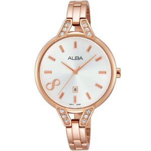 Ah7h20x1 alba watch women silver white dial stainless steel metal rose gold strap quartz movt japan analog diamond three hand fashion