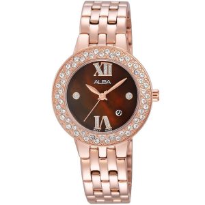 Ah7h34x1 alba watch women mother of pearl brown dial stainless steel metal rose gold strap quartz movt japan analog diamond three hand fashion