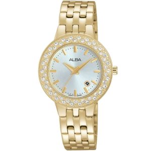Ah7h36x1 alba watch women silver white dial stainless steel metal gold strap quartz movt japan analog diamond three hand fashion