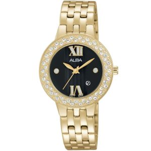 Ah7h38x1 alba watch women black patterned dial stainless steel metal gold strap quartz movt japan analog diamond three hand fashion