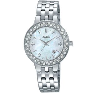 Ah7h41x1 alba watch women mother of pearl white dial stainless steel metal silver strap quartz movt japan analog diamond three hand fashion