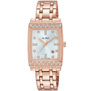 Ah7h46x1 alba watch women silver white dial stainless steel metal rose gold strap quartz movt japan analog square diamond three hand fashion