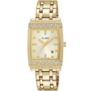 Ah7h48x1 alba watch women gold dial stainless steel metal golden strap quartz movt japan analog square diamond three hand fashion