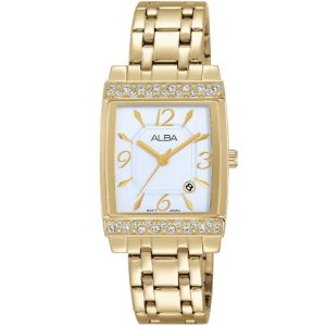Ah7h50x1 alba watch women white dial stainless steel metal gold strap quartz movt japan analog square diamond three hand fashion
