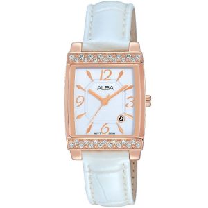 Ah7h70x1 alba watch women white dial leather strap quartz movt japan analog square diamond three hand fashion