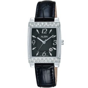 Ah7h73x1 alba watch women black dial leather strap quartz movt japan analog square diamond three hand fashion