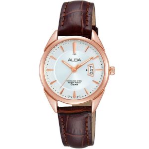 Ah7h74x1 alba watch women white dial leather brown strap quartz movt japan analog stainless steel water resist 5bar three hand prestige