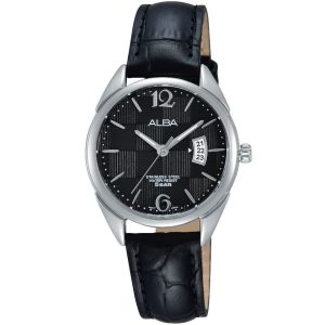 Ah7h77x1 alba watch women black patterned dial leather strap quartz movt japan analog stainless steel water resist 5bar three hand prestige