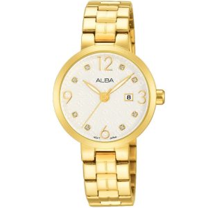 Ah7h80x1 alba watch women white dial stainless steel metal gold strap quartz movt japan analog three hand fashion