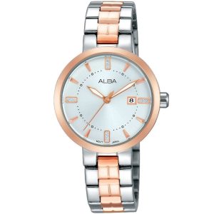 Ah7h82x1 alba watch women white dial stainless steel metal silver rose gold two tone strap quartz movt japan analog three hand fashion