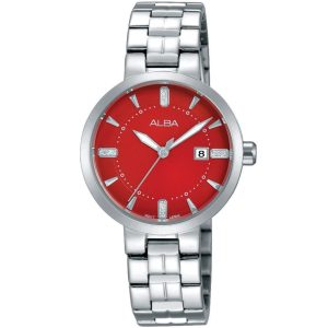 Ah7h89x1 alba watch women red dial stainless steel metal silver strap quartz movt japan analog three hand fashion