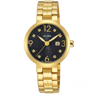 Ah7j02x1 alba watch women black patterned dial stainless steel metal gold strap quartz movt japan analog three hand fashion