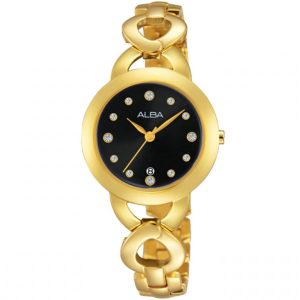 Ah7j06x1 alba watch women black dial stainless steel metal gold strap quartz movt japan analog diamond three hand fashion