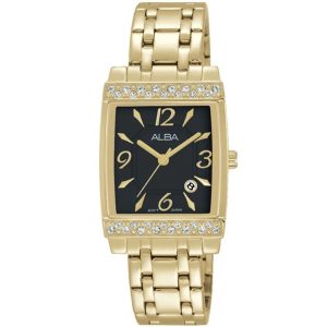 Ah7j14x1 alba watch women black dial stainless steel metal gold strap quartz movt japan analog square diamond three hand fashion