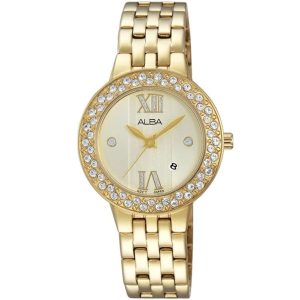 Ah7j16x1 alba watch women gold dial stainless steel metal golden strap quartz movt japan analog diamond three hand fashion