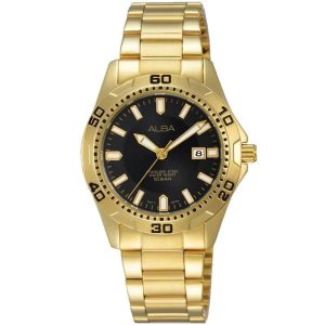 Ah7j32x1 alba watch women black dial stainless steel water resist 10bar metal gold strap quartz movt japan analog three hand active