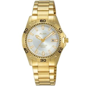Ah7j34x1 alba watch women silver white dial stainless steel water resist 10bar metal gold strap quartz movt japan analog three hand active