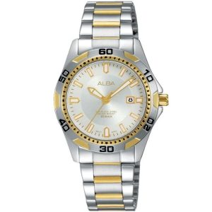 Ah7j40x1 alba watch women silver white dial stainless steel water resist 10bar metal gold two tone strap quartz movt japan analog three hand active