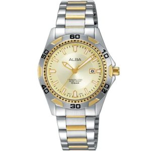 Ah7j42x1 alba watch women gold dial stainless steel water resist 10bar metal silver gold two tone strap quartz movt japan analog three hand active