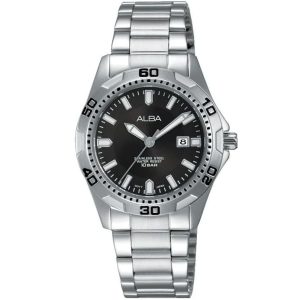 Ah7j45x1 alba watch women black dial stainless steel water resist 10bar metal silver strap quartz movt japan analog three hand active