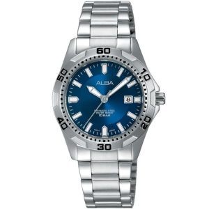 Ah7j49x1 alba watch women blue dial stainless steel water resist 10bar metal silver strap quartz movt japan analog three hand active