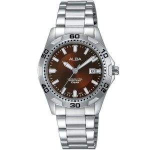 Ah7j51x1 alba watch women brown dial stainless steel water resist 10bar metal silver strap quartz movt japan analog three hand active