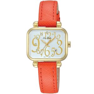 Ah7k10x1 alba watch women silver white dial leather orange strap quartz movt japan analog square three hand fashion