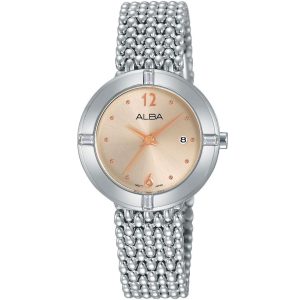 Ah7k53x1 alba watch women rose gold dial stainless steel metal silver strap quartz movt japan analog three hand fashion