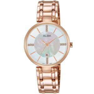 Ah7k54x1 alba watch women white mother of pearl dial stainless steel metal rose gold strap quartz movt japan analog diamond three hand fashion