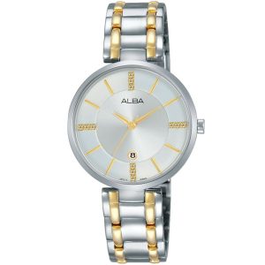 Ah7k61x1 alba watch women mother of pearl silver white dial stainless steel metal gold two tone strap quartz movt japan analog diamond three hand fashion