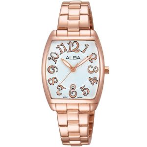 Ah7k84x1 alba watch women silver white dial stainless steel metal rose gold strap quartz movt japan analog square three hand fashion