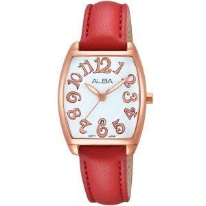 Ah7k92x1 alba watch women silver white dial leather red strap quartz movt japan analog square three hand fashion